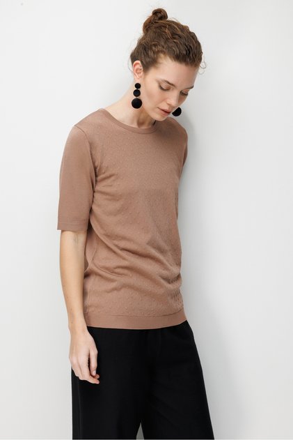 Women's Crew Neck Patterned Slim Knitwear Blouse Moka