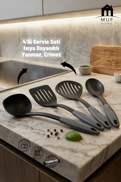 4-Piece Fireproof Non-Stick Kitchen Serving Set - Ladle, Spatula, Colander, Spoon - Bpa Free - Cream or Black Assorted Colors