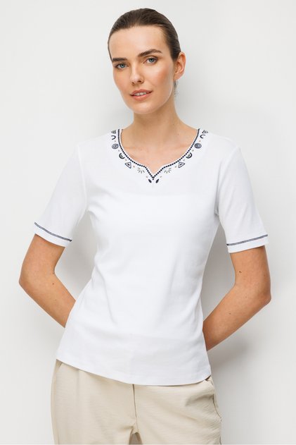 Women's Crew Neck and Sleeve Embroidered P Cotton U Combed Cotton T-Shirt Ecru