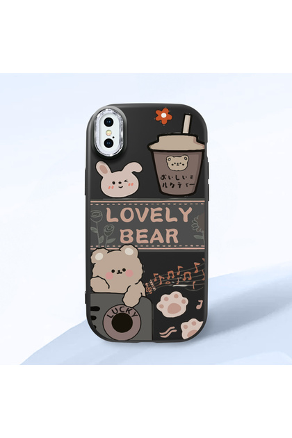 iPhone XS Max Compatible Camera Protected Black Soft Silicone Phone Case Cute Bear Patterned