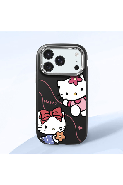 iPhone 17/18 Pro Compatible Camera Protected Black Soft Silicone Phone Case with Hello Kitty Pattern