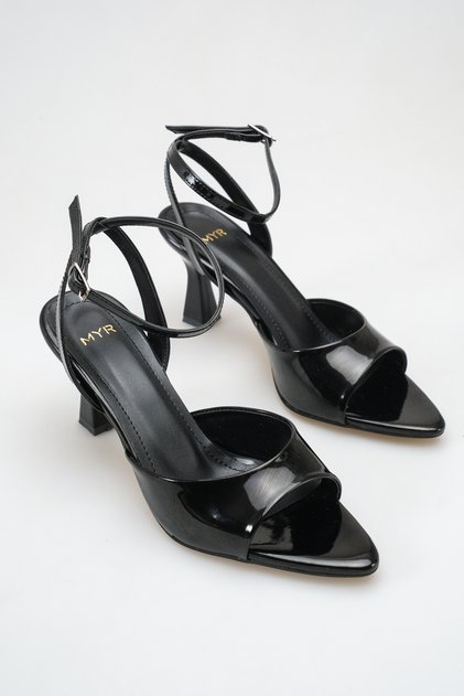 Women's Pointed Toe Ankle-Tie Heeled Shoes Black Patent Leather