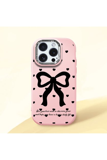 iPhone 15 Pro Compatible Camera Protected Pink Soft Silicone Phone Case Bowknot Patterned