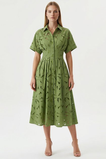 Short Sleeve Buttoned Perforated Lined Midi Shirt Dress