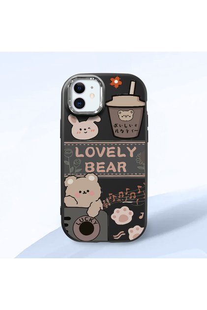 iPhone 12 Compatible Camera Protected Black Soft Silicone Phone Case Cute Bear Patterned
