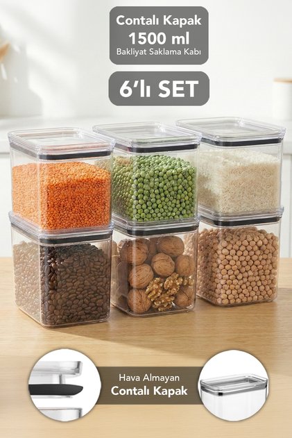6-Piece Pure Rectangular Storage Container - Airtight Transparent Mica Flour and Grain Container with Seal 1500 ml