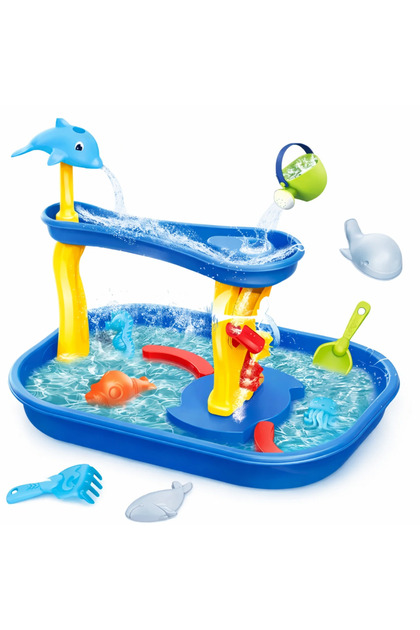 Masuta Multifunctionala pentru Joaca cu Apa si Nisip, Jucarie Interactiva pentru Copii cu Accesorii si Figurine Marine, Cascada si Stropitoare, Set pentru Activitati in Aer Liber - 3 Ani+