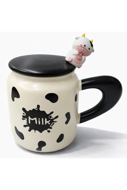 Cute Milk Figured Ceramic Mug with Lid 300ml Coffee Cup with Spoon Design | Milk