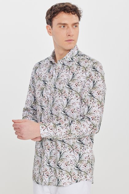 Men's White-Green 100% Cotton Slim Fit Slim Fit Large Italian Collar B Printed Shirt