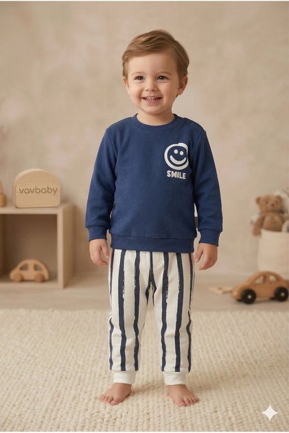 Baby Boy Smile Printed Navy Blue Top and Bottom Set Navy Blue