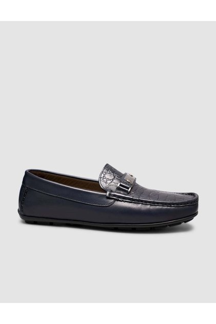 Genuine Leather Rubber Sole Navy Blue Men's Loafer Shoes