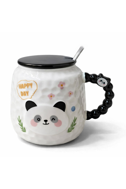 Cute Happyday Panda Figured Ceramic Mug with Lid 300ml Coffee Cup with Spoon |   Happyday Panda