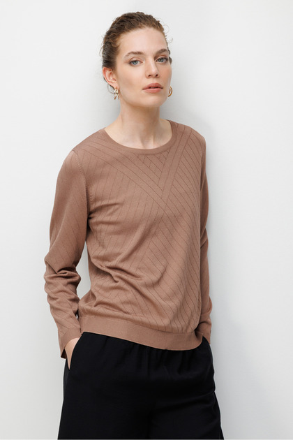 Women's Crew Neck Verev Striped Side Buttoned Long Sleeve Fine Knit Blouse Moka