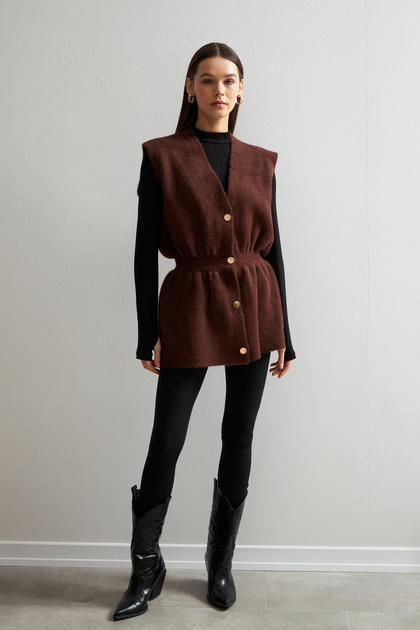 Women's Bitter Brown Gold Button Detailed Soft Vest