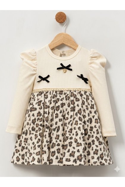 Baby Girl Leopard Printed in Bow Detail Long Sleeve Princess Dress