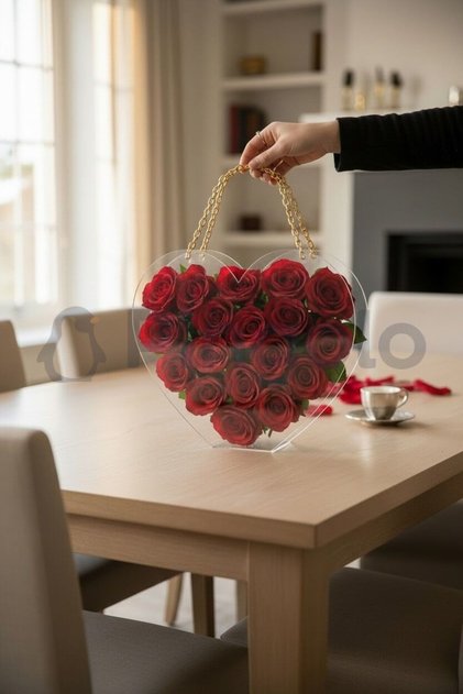 Kalp Gold Aksesuarlı Şeffaf Akrilik Pleksi Çanta (İçi Boş)-Büyük Boy ( 40 x 32 cm)