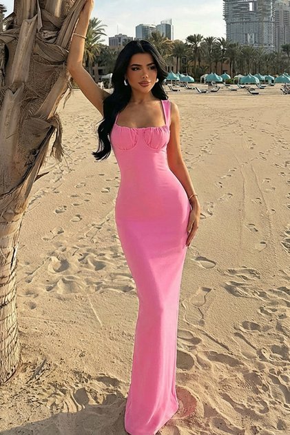 Rochie lungă roz Shawly cu decolteu pătrat bretele ATE-3475