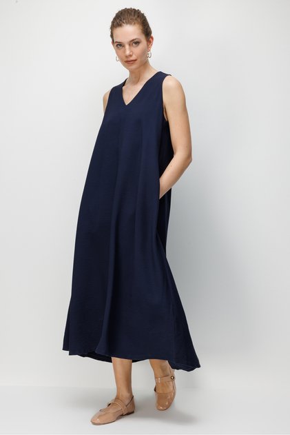 Women's V-Neck Strappy Long Linen-Look Dress Navy Blue