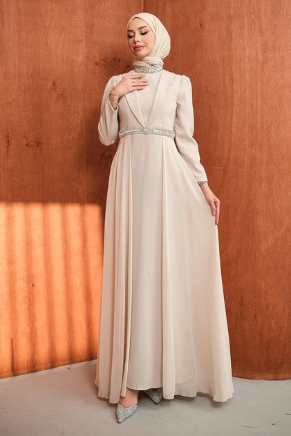 Beige Collar Detail Stone Evening Dress