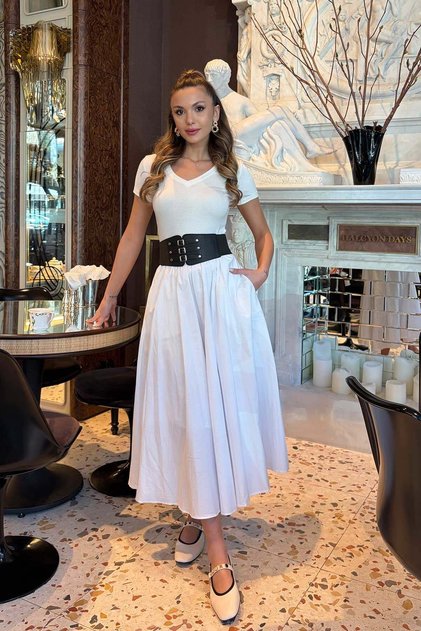 Thick Belt Layer Midi Women's Skirt - White