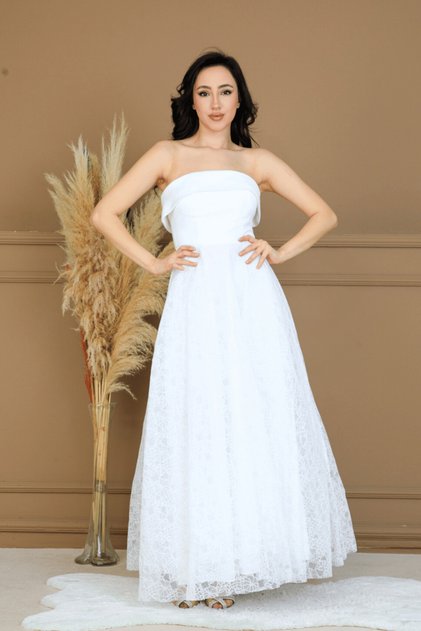 Lace Fabric Strapless Dress - White