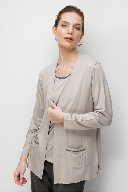 Women's V-Neck Collar and Pocket Chain Combed Cotton Cardigan Beige