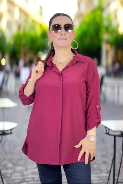 Foldable Sleeves Front Hidden Button Asymmetric Front Back Cutout Plus Size Jessica Fabric Shirt Women