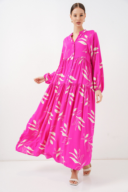 Women's Patterned Long Hijab Dress 2585 - Y.Fuchsia