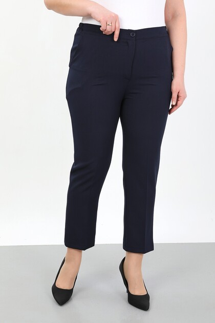 Women's Dark Blue Pants with Half Elastic Waist and Dabil Fabric in Large Size