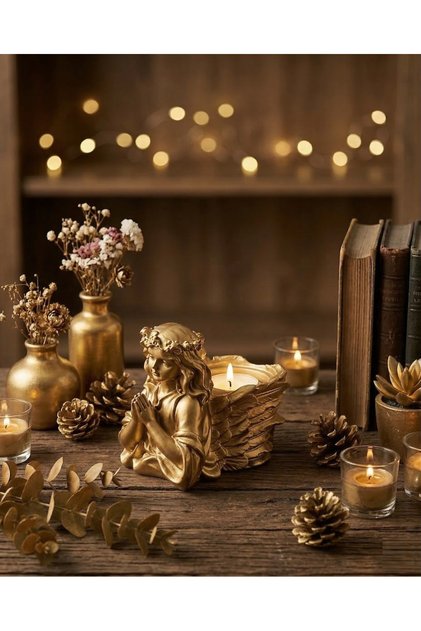 Golden Dua Eden Melek Figürlü Mumluk | Tealight Mumluk Dekor Objesi | Yeni Ev Hediyesi