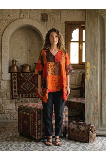 Women's Nepal Colorful Vintage Detailed Patchwork Oversized Casual Baggy Bag Pocketed Button Closure Shirt Blouse