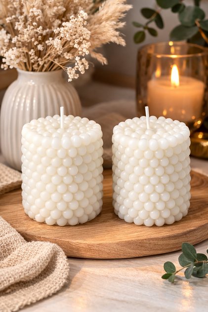 2 li Bubble ( Kabarcık) Mum Beyaz Okyanus Kokulu 15-12-7 cm