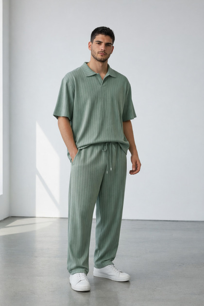 Men's Striped Crepe fabric polo collar tracksuit set