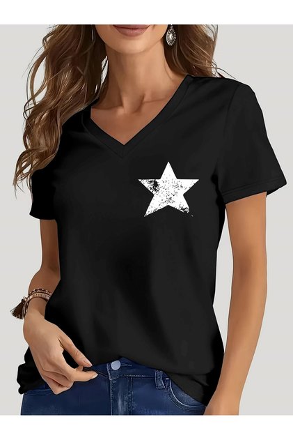 Minimal Star Printed Women's V-Neck Regular Fit T-Shirt