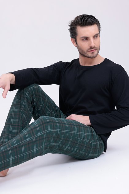 Erkek Cepli Uzun Kol Pijama Takımı neft Yeşil