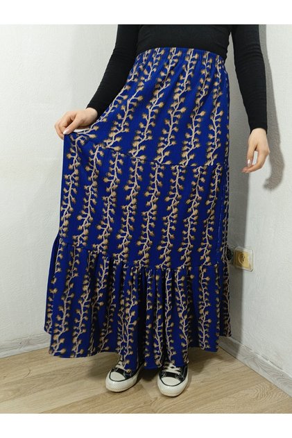 Bürümcük Fabric Bohemian, Ethnic Printed Long Skirt, Elastic Waist, 3 Layers of Ruffles Mevlana