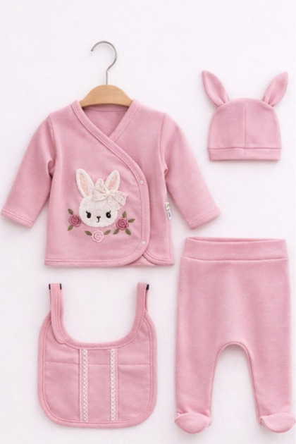 Organic Baby Girl Print Rabbit Patterned 5-Piece Jumpsuit Hospital Release Newborn Outfit Baby Bib