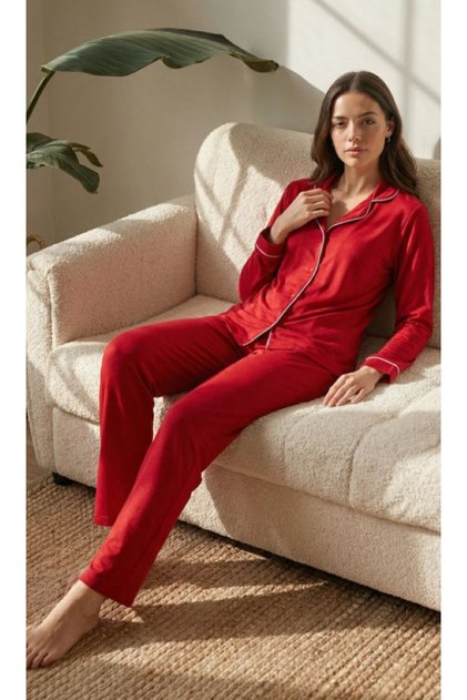 Women's Cotton Piece Shirt Collar Button Long Pajama Set