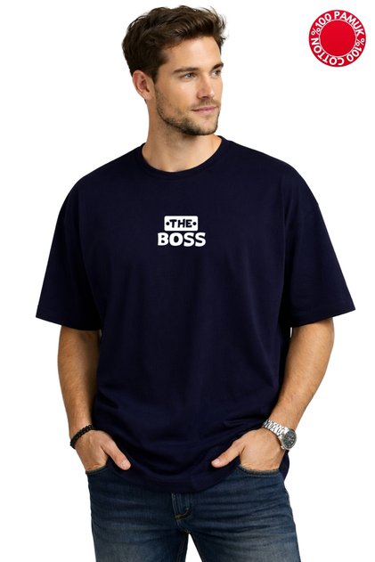 The Bos Printed Navy Blue Oversized T-Shirt - 100% Cotton