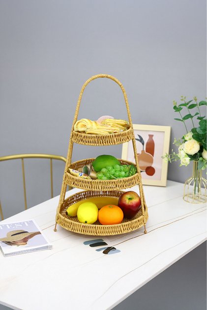 3-Tier Wicker Fruit Vegetable Bread Basket Bamboo Look Kitchen Organizer