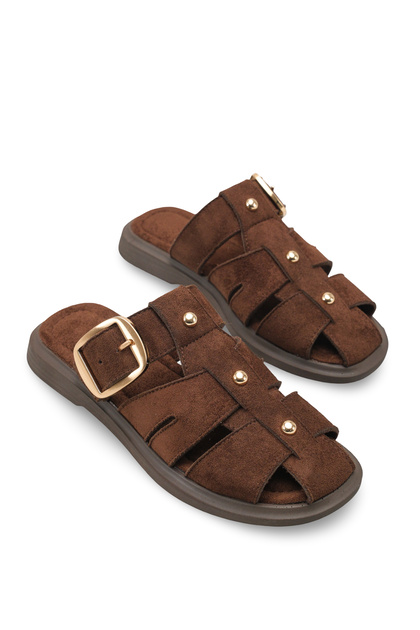 Women's Brown Suede Buckle-Studded Daily Comfortable Stylish Sabo Slippers