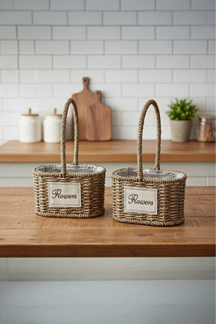 Set of 2 Wicker Cobalt Flower Pots with Handles Decorative Organizer Basket