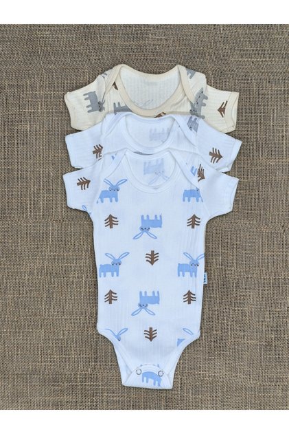 3-Pack 100% Organic Cotton Short Sleeve Rabbit Patterned Snap Fastener Baby Bodysuit with Envelope Collar Undershirt