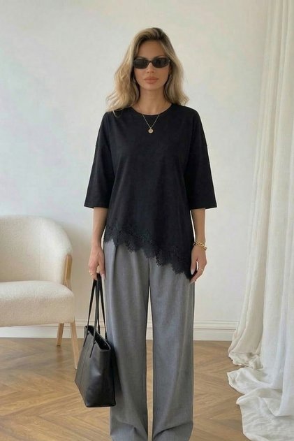 Black Oversized Asymmetric Cut Lace T-Shirt