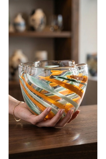 Luxury decorative glass fruit bowl - handmade holiday sweet dish, (green and orange) 23×20 cm