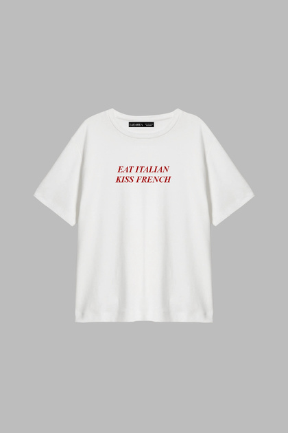 Eat Italian Kiss French Printed Relaxed Fit White Women's Tshirt