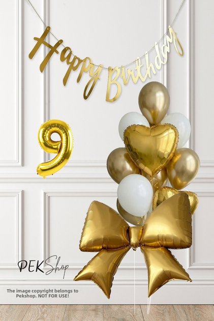 9 Years Old Gold Bow Balloon Set with Gold and White Theme Gold Banner Birthday Decoration Balloon Set