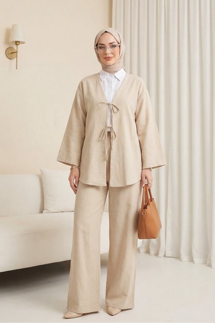 Önü Çift Bağlamalı Pantolonlu Oversize Reglan Kol Keten Tesettür Kimono Takım -Bej