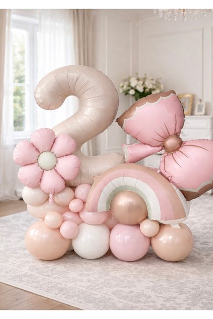 Pastel Daisy Rainbow 2Nd Birthday Balloon Set – Bow-Tied Concept Party Decoration