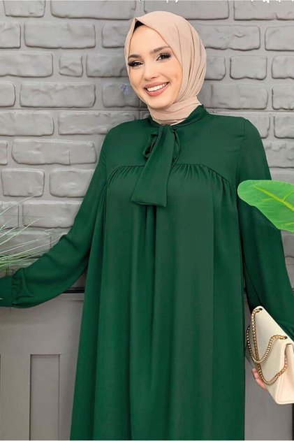 KADIN YEŞİL (ZÜMRÜT) YAKASI BAĞLAMALI ŞİFON KREP TUNİK T 4542
